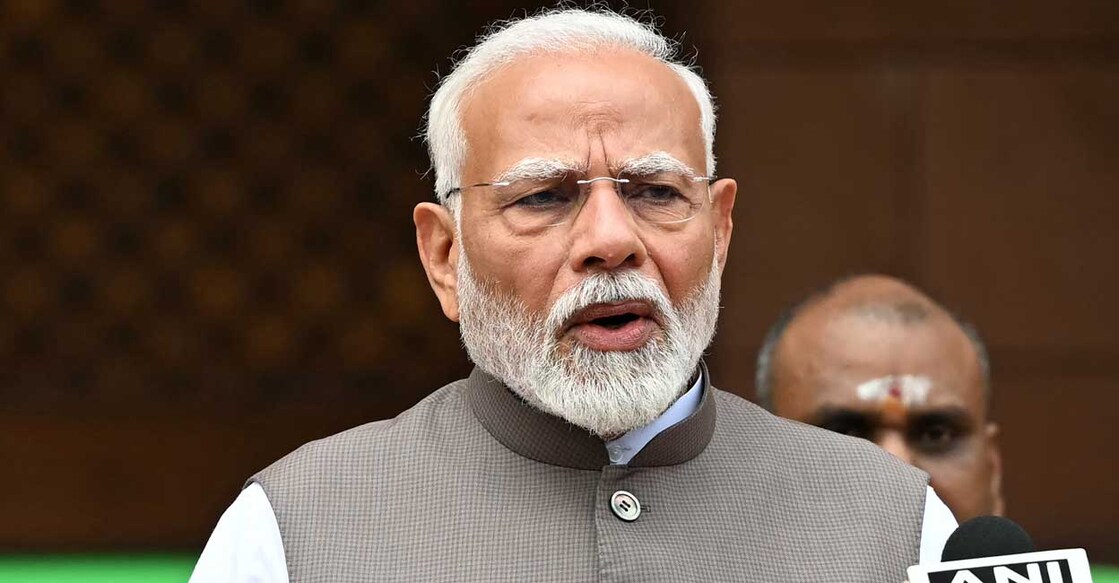 India's Prime Minister Narendra Modi addresses upon his arrival to attend the monsoon session of the parliament in New Delhi on July 22, 2024. (Photo by Sajjad HUSSAIN / AFP)