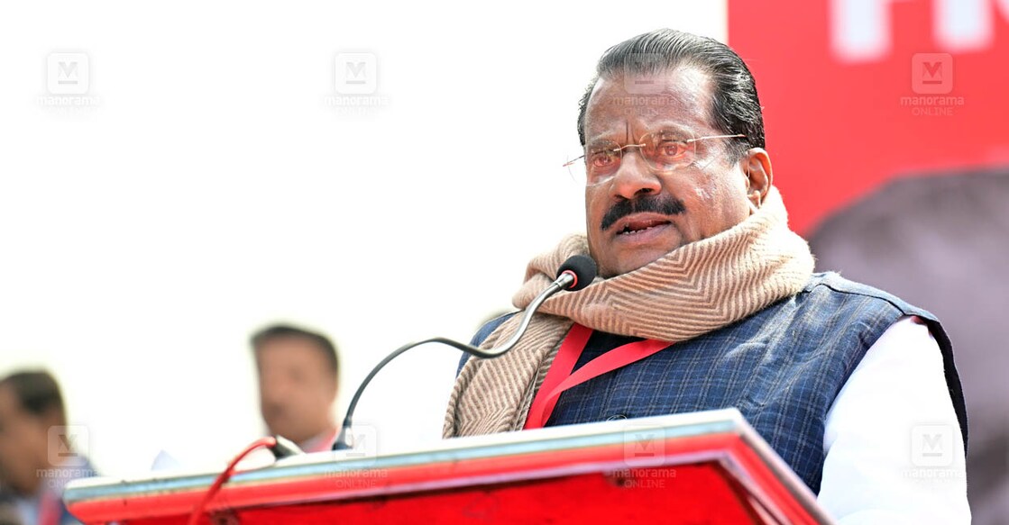 New Delhi 2024 February 08 : Left Democratic Front EP Jayarajan during the LDF's protest led by Kerala Chief Minister Pinarayi Vijayan against the BJP-led Centre over alleged neglect and partiality in allocation of funds to their states, at Jantar Mantar, in New Delhi. @ Rahul R Pattom