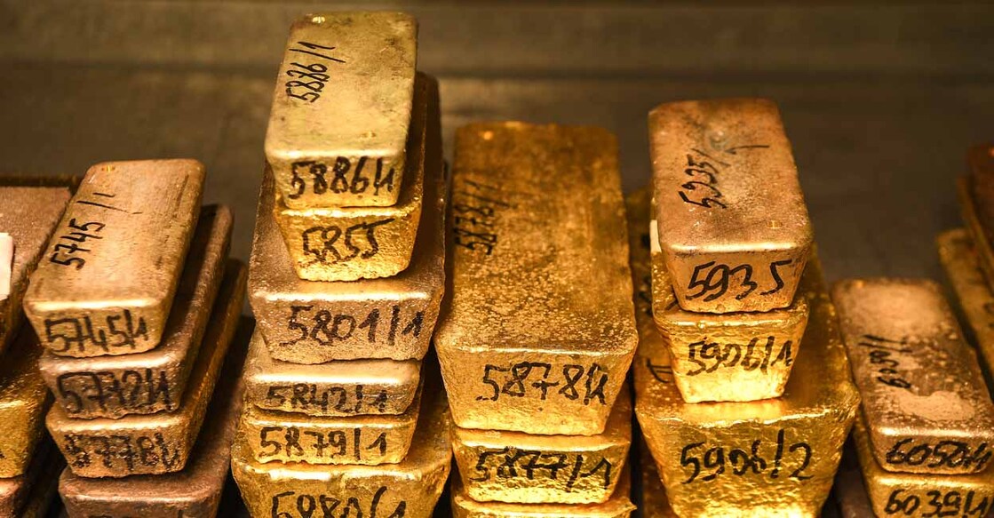 Gold bars and others precious metals are pictured at the Agosi factory on April 1, 2019, in the so called "Gold City" of Pforzheim, southwestern Germany. Agosi recovers and refines precious metals to producing semi-finished products, not only for renowned customers from the field of jewellery and watchmaking and from the coin industry, but also products for industrial applications in electrical engineering, in automobile manufacture, in the chemical industry and in medical technology. (Photo by PATRICK HERTZOG / AFP)