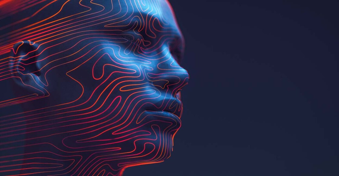 3D rendered digital human head outlined with neon contour lines that resemble a fingerprint's unique swirls, against a deep blue background.
Concept of digital identity and security, blending the human element with the precision of technology.