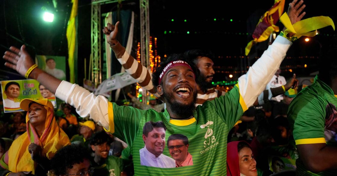 A supporter reacts during an election campaign rally for Sajith Premadasa, leader of the Samagi Jana Balawegaya (SJB) party, ahead of the presidential election, in Colombo, Sri Lanka September 18, 2024. REUTERS/Thilina Kaluthotage