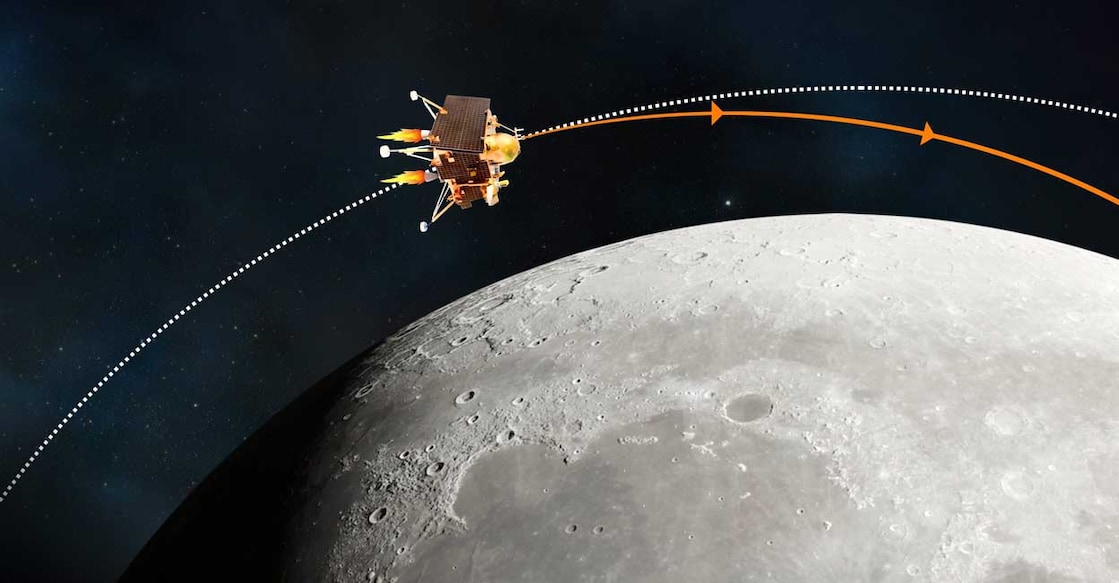 ISRO Chandrayaan ചന്ദ്രന്റെ ഉപരിതലത്തിൽ തിരശ്ചീനമായി സഞ്ചരിക്കുന്ന ചന്ദ്രയാൻ ചിത്രകാരന്റെ ഭാവനയിൽ. ഐഎസ്ആർഒ പുറത്തുവിട്ട ചിത്രം (ISRO/Twitter)