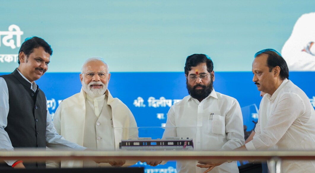 **EDS: IMAGE VIA PIB** Pune: Prime Minister Narendra with Maharashtra Chief Minister Eknath Shinde, Deputy Chief Ministers Devendra Fadnavis and Ajit Pawar during the inauguration and laying the foundation stone of various projects, in Pune, Tuesday, Aug. 1, 2023. (PTI Photo)(PTI08_01_2023_000242B)