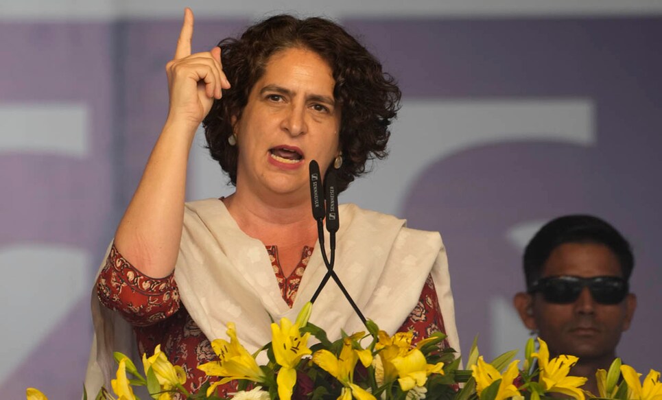 India Opposition Rally Congress p[arty leader Priyanka Gandhi Vadra speaks during the 'Save Democracy' rally organized by INDIA bloc, a group formed by opposition parties, in New Delhi, India, Sunday, March 31, 2024. The "Save Democracy" rally was the first major public demonstration by the opposition bloc INDIA against the arrest of New Delhi's top elected official and opposition leader Arvind Kejriwal on March 21, in a liquor bribery case. (AP Photo/Manish Swarup)