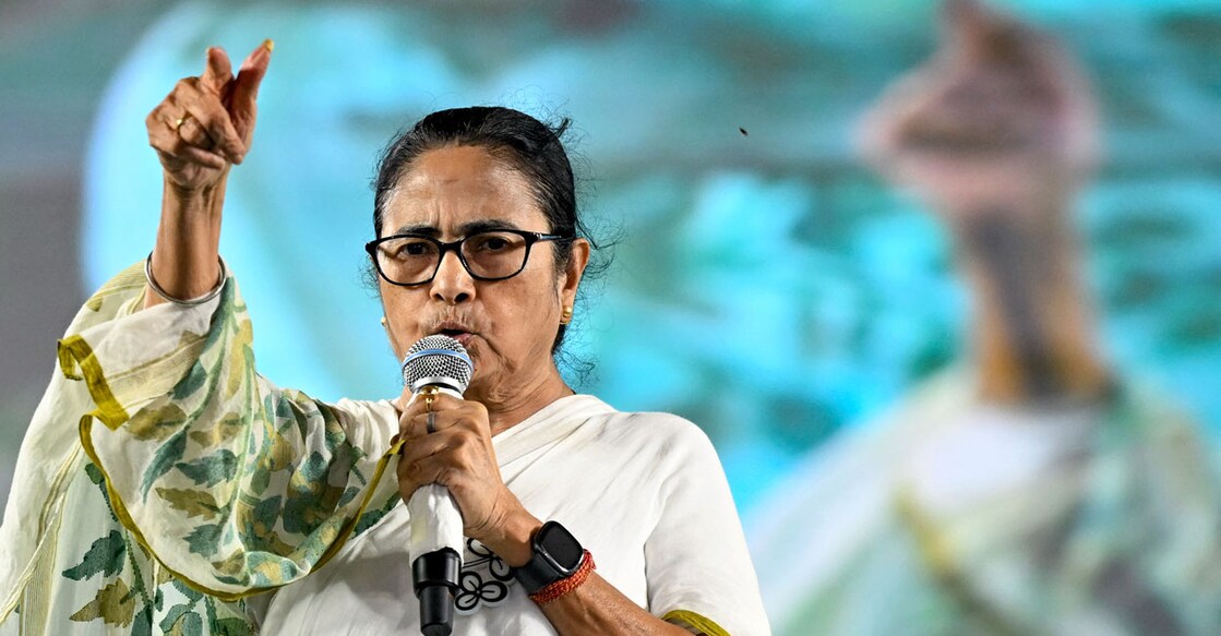 Mamata Banerjee, Chief Minister of India's West Bengal state and Trinamool Congress (TMC) party leader addresses her supporters during an election campaign meeting for their candidate and national general secretary Abhishek Banerjee (not pictured) in Kolkata on May 29, 2024 ahead of the seventh and final phase of voting in India's general election. (Photo by Dibyangshu SARKAR / AFP)