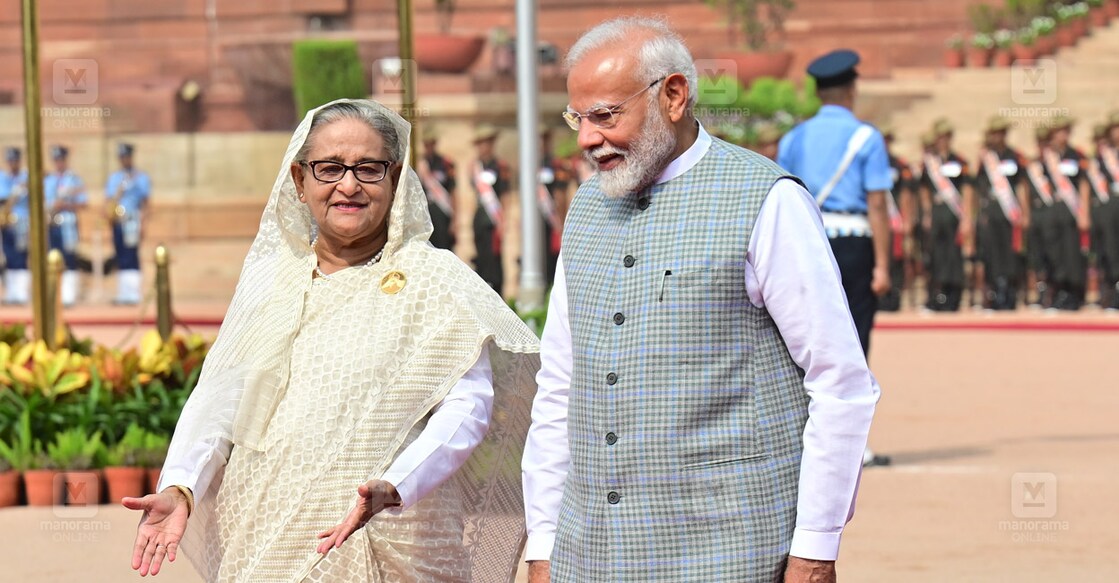 sheik-hasina-modi New Delhi 2024 June 22 : Prime Minister Narendra Modi and Bangladesh Prime Minister Sheikh Hasina during the ceremonial reception, at the Rashtrapati Bhavan in New Delhi. @ Rahul R Pattom