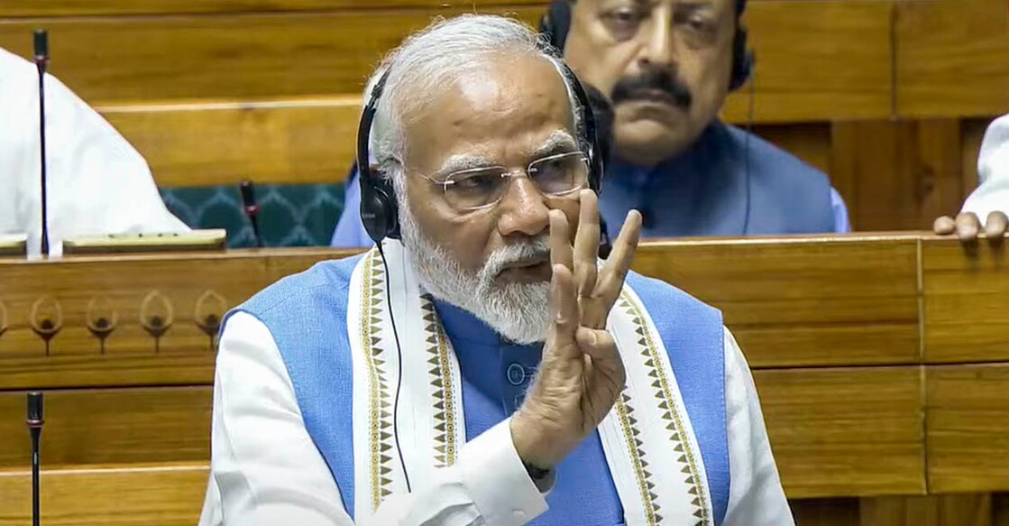 PTI07_02_2024_000266B പ്രധാനമന്ത്രി നരേന്ദ്ര മോദി ലോക്സഭയിൽ പ്രസംഗിക്കുന്നു. (PTI Photo)