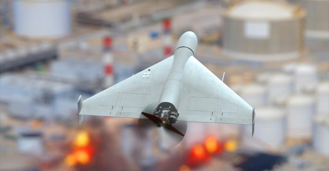 2148608118 Military drone attack on oil refinery, oil depot fire, explosions and fire.