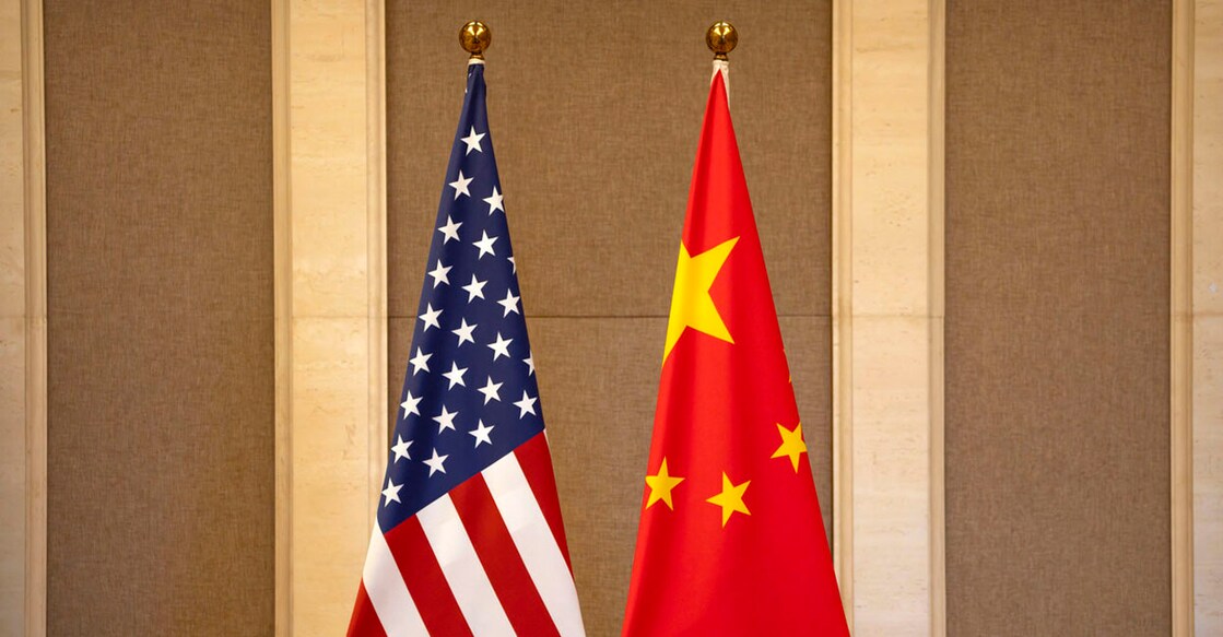 CHINA-US-DIPLOMACY US and Chinese flags are seen before a meeting between US Treasury Secretary Janet Yellen and Chinese Vice Premier He Lifeng at the Diaoyutai State Guesthouse in Beijing on July 8, 2023. (Photo by Mark Schiefelbein / POOL / AFP)