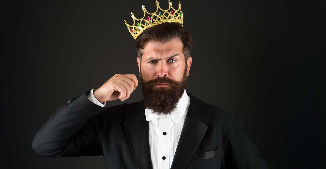 1710447982 All what they say is true. Handsome bearded guy king. King crown. Egoist selfish man. Superiority complex. Narcissistic person. Love yourself. Sense of self importance. Responsibility being king.