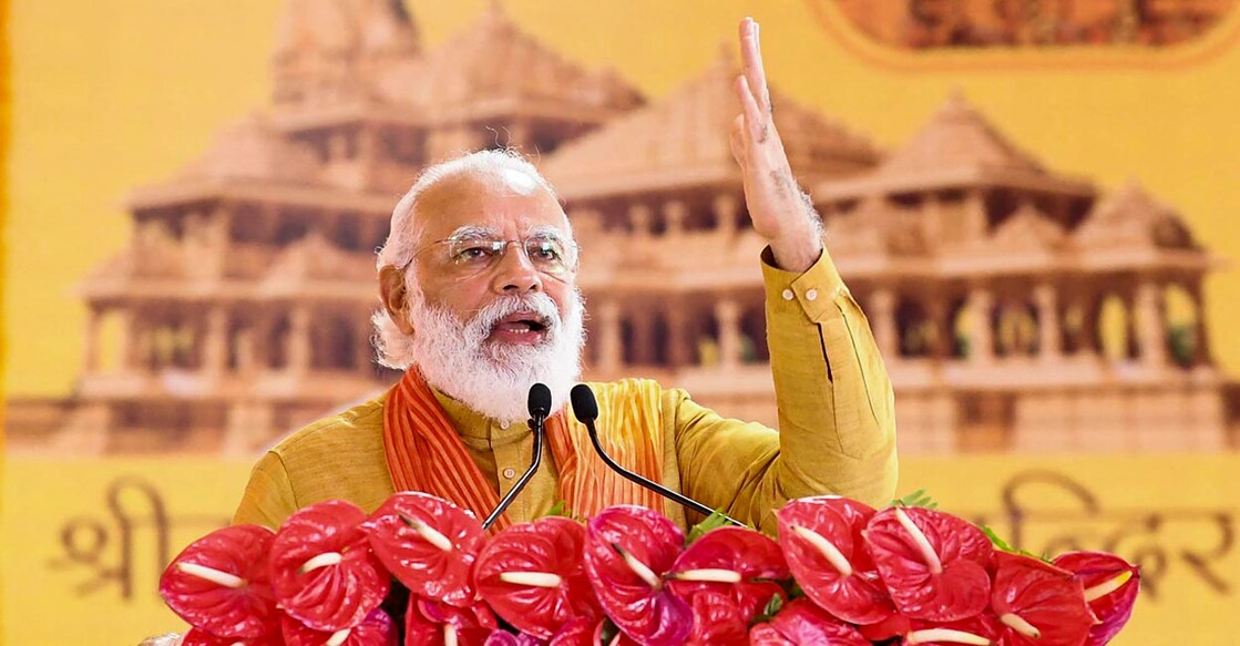 In this handout photograph taken on August 5, 2020, and released by the Indian Press Information Bureau (PIB) India's Prime Minister Narendra Modi speaks during the groundbreaking ceremony of a grand Hindu temple in Ayodhya. Indian Prime Minister Narendra Modi said "golden history" was written on August 5 as he launched construction of a new Hindu temple at a flashpoint religious site that has sparked some of the country's bloodiest sectarian violence. (Photo by PIB / AFP) / RESTRICTED TO EDITORIAL USE - MANDATORY CREDIT "AFP PHOTO / Indian Press Information Bureau (PIB)" - NO MARKETING - NO ADVERTISING CAMPAIGNS - DISTRIBUTED AS A SERVICE TO CLIENTS