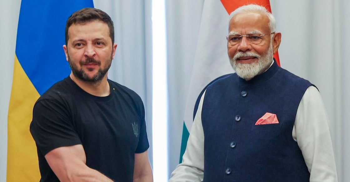 **EDS: IMAGE VIA PMO** Apulia: Prime Minister Narendra Modi and President of Ukraine Volodymyr Zelenskyy during a bilateral meeting on the sidelines of the G7 Summit, in Apulia, Italy, Friday, June 14, 2024. (PTI Photo)  (PTI06_14_2024_000231A)