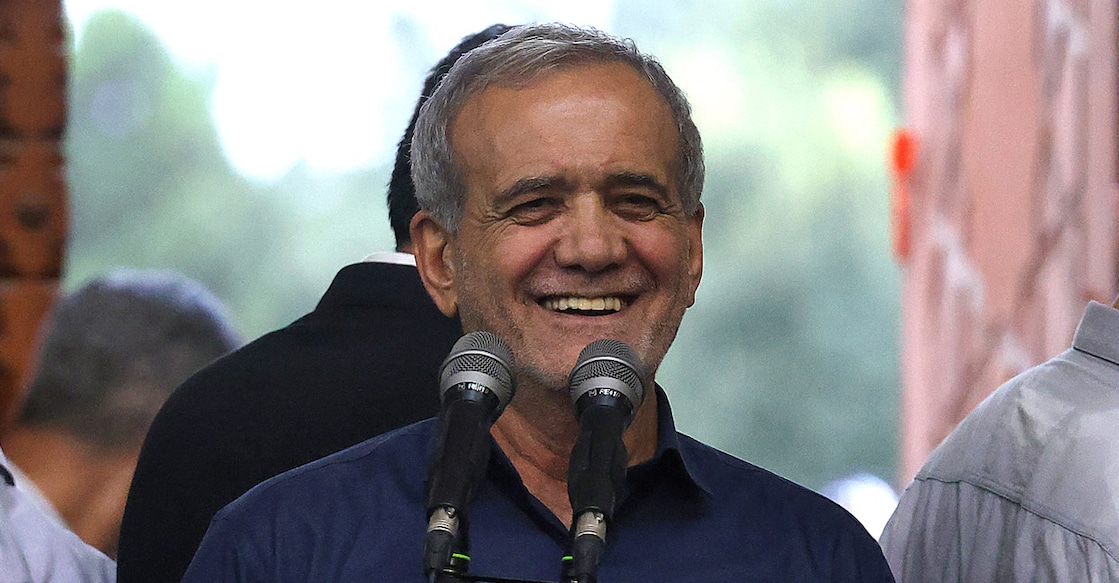 Newly-elected Iranian President Masoud Pezeshkian speaks during a visit to the shrine of the Islamic Republic's founder Ayatollah Ruhollah Khomeini in Tehran on July 6, 2024. - Pezeshkian, who advocates improved ties with the West, on July 6 won a runoff presidential election against ultraconservative Saeed Jalili, the interior ministry said. (Photo by ATTA KENARE / AFP)