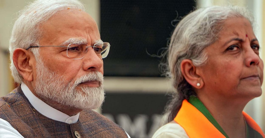 New Delhi: Prime Minister Narendra Modi with Union Finance Minister Nirmala Sitharaman during the 'Nari Shakti Vandan-Abhinandan Karyakram', a day after Parliament passed the women's reservation bill, at the BJP headquarters in New Delhi, Friday, Sept. 22, 2023.  (PTI Photo/Manvender Vashist Lav)(PTI09_22_2023_000190A)