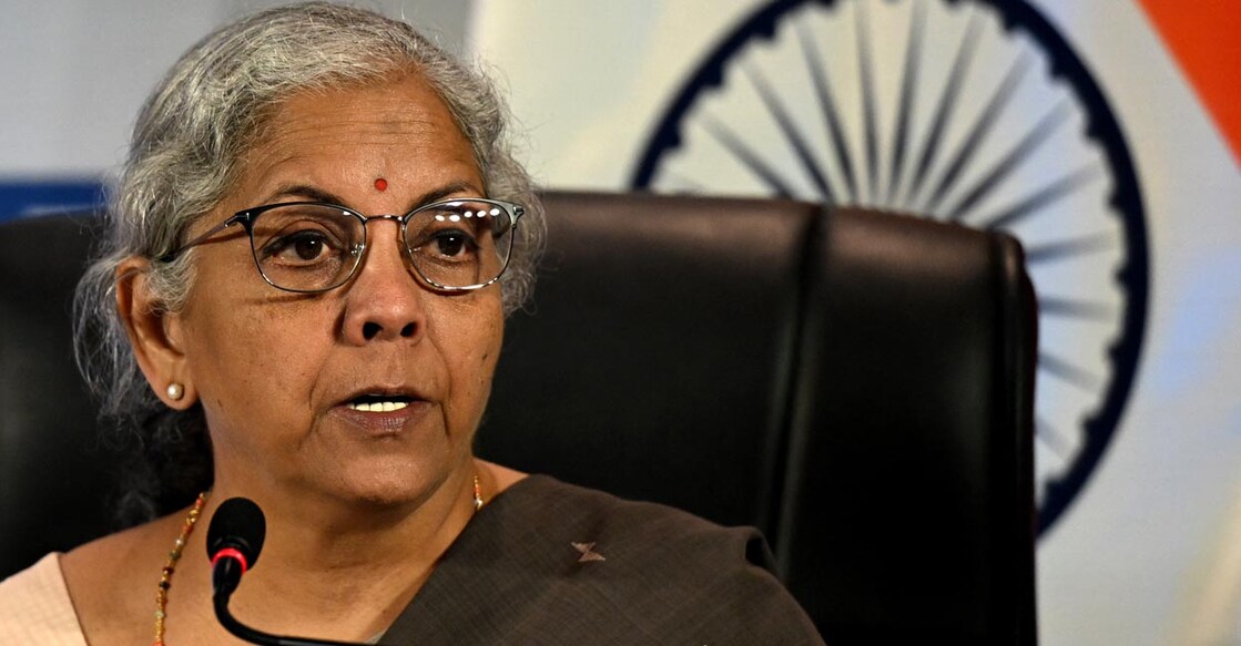 India's Finance Minister Nirmala Sitharaman speaks during the G20 Finance Ministers, Central Bank Governors (FMCBG) and Finance & Central Bank Deputies (FCBD) meetings, at the Mahatma Mandir in Gandhinagar on July 16, 2023. (Photo by Punit PARANJPE / AFP)