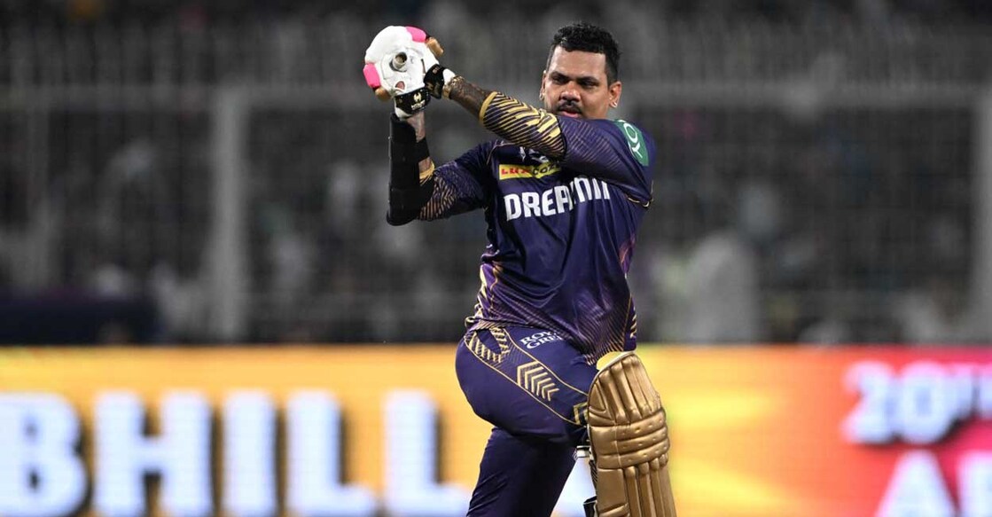 Kolkata Knight Riders' Sunil Narine plays a shot during the Indian Premier League (IPL) Twenty20 cricket match between Kolkata Knight Riders and Rajasthan Royals at the Eden Gardens in Kolkata on April 16, 2024. (Photo by DIBYANGSHU SARKAR / AFP) / -- IMAGE RESTRICTED TO EDITORIAL USE - STRICTLY NO COMMERCIAL USE -- - -- IMAGE RESTRICTED TO EDITORIAL USE - STRICTLY NO COMMERCIAL USE --