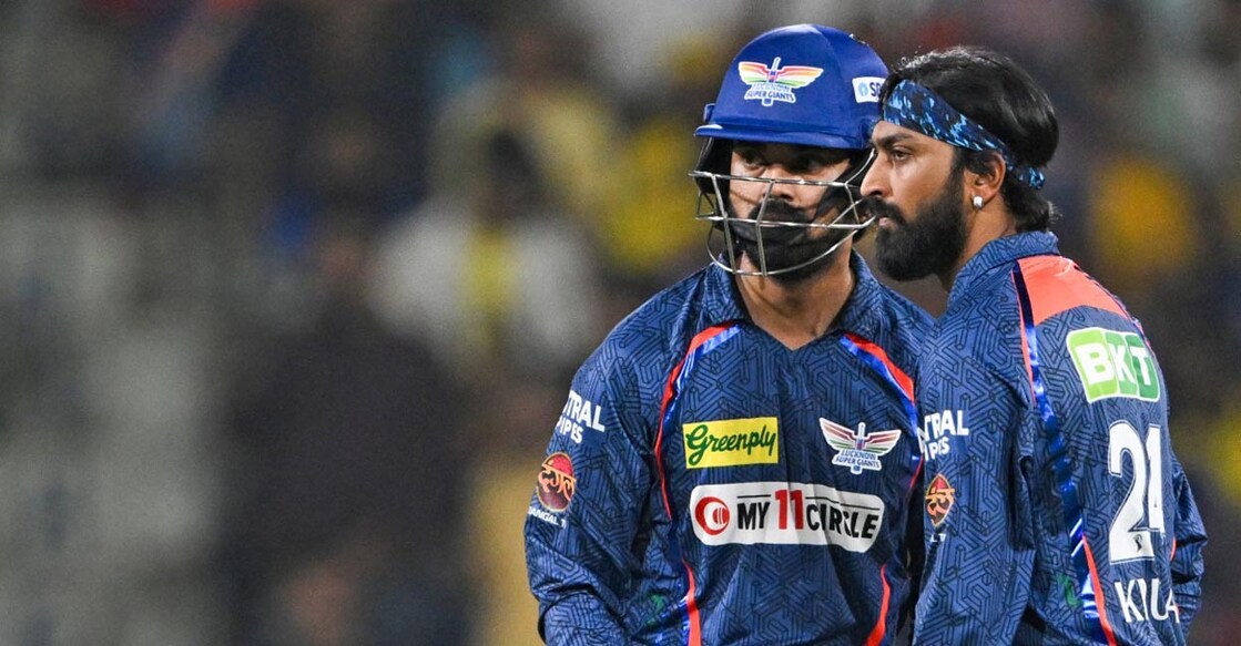 Lucknow Super Giants' Krunal Pandya (R) and captain KL Rahul celebrate after taking the wicket of Chennai Super Kings' Sameer Rizvi during the Indian Premier League (IPL) Twenty20 cricket match between Lucknow Super Giants and Chennai Super Kings at the Ekana Cricket Stadium in Lucknow on April 19, 2024. (Photo by INDRANIL MUKHERJEE / AFP) / -- IMAGE RESTRICTED TO EDITORIAL USE - STRICTLY NO COMMERCIAL USE --