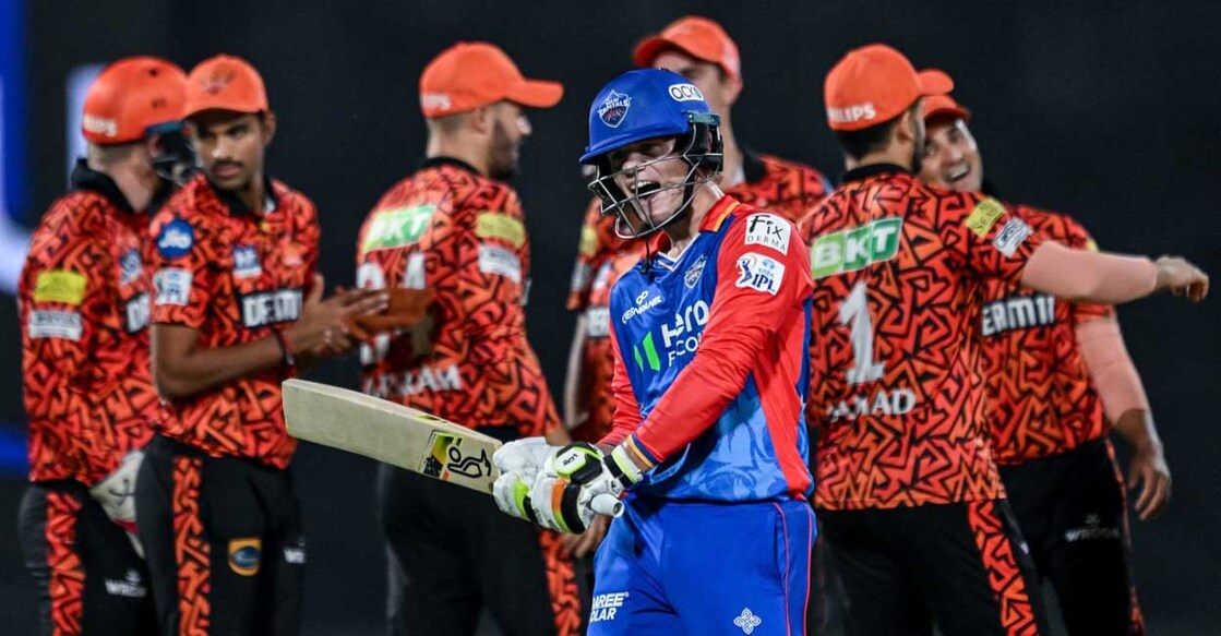 Delhi Capitals' Jake Fraser-McGurk reacts arsenic  helium  walks backmost  to the pavilion aft  his dismissal during the Indian Premier League (IPL) Twenty20 cricket lucifer  betwixt  Delhi Capitals and Sunrisers Hyderabad astatine  the Arun Jaitley Stadium successful  New Delhi connected  April 20, 2024. (Photo by Money SHARMA / AFP) / -- IMAGE RESTRICTED TO EDITORIAL USE - STRICTLY NO COMMERCIAL USE --