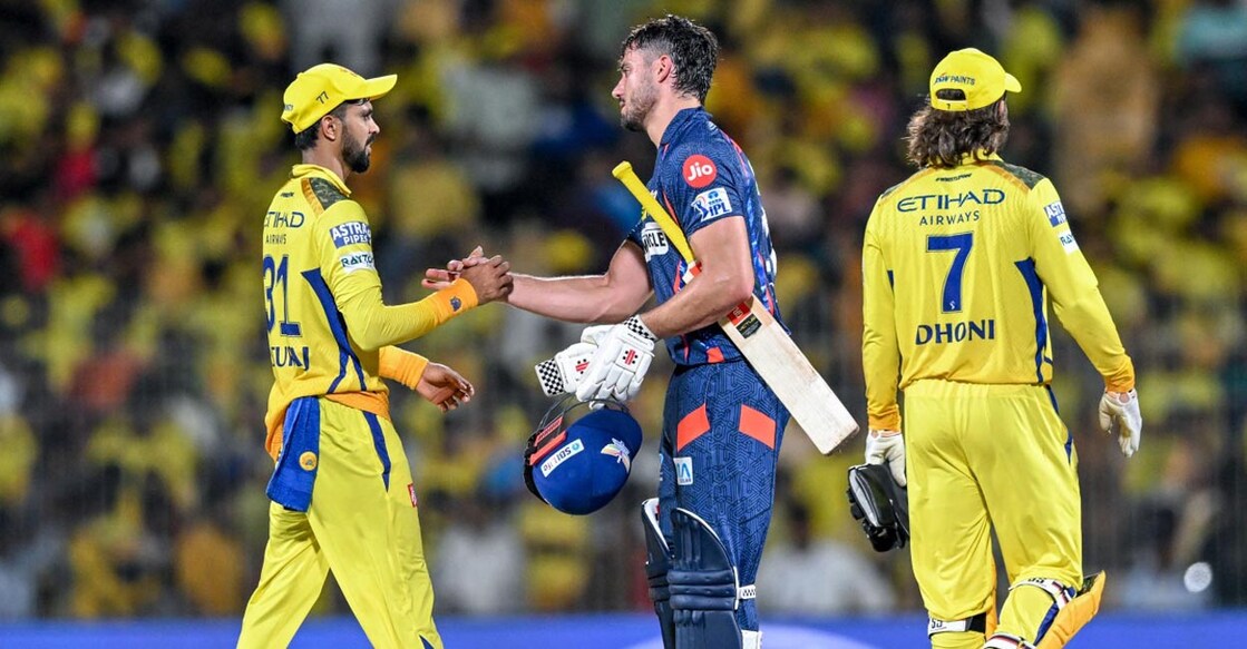 CRICKET-IND-IPL-T20-CHENNAI-LUCKNOW Chennai Super Kings' captain Ruturaj Gaikwad (L) shakes hands with Lucknow Super Giants' Marcus Stoinis (C) at the end of the Indian Premier League (IPL) Twenty20 cricket match between Chennai Super Kings and Lucknow Super Giants at the MA Chidambaram Stadium in Chennai on April 23, 2024. (Photo by R.Satish BABU / AFP) / -- IMAGE RESTRICTED TO EDITORIAL USE - STRICTLY NO COMMERCIAL USE --
