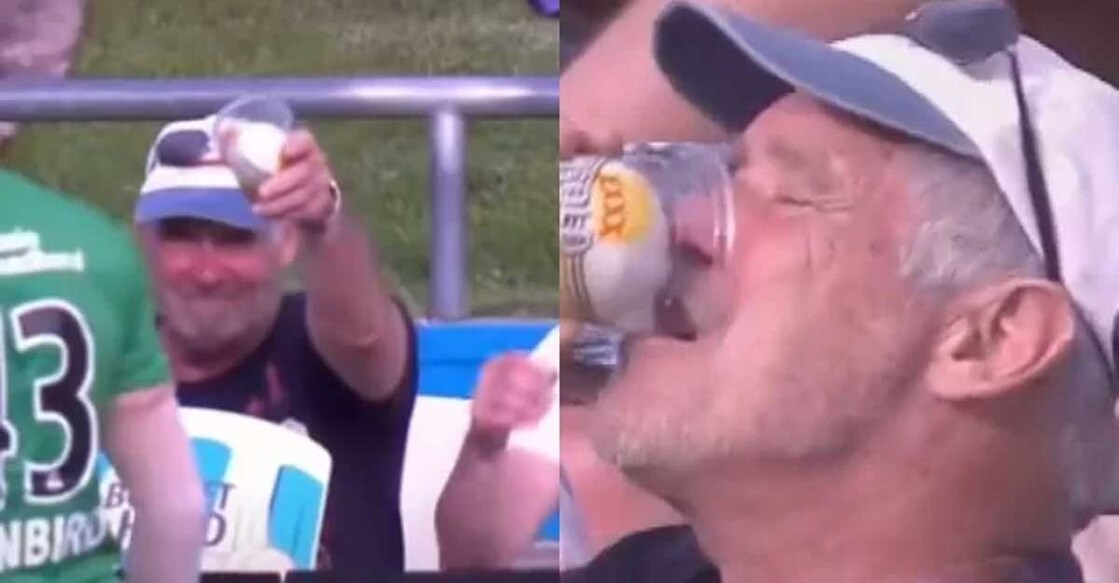 david-malan-six-in-beer-glass ഡേവിഡ് മലന്റെ സിക്സർ ഗാലറിയിൽ ആരാധകന്റെ ബീയർ ഗ്ലാസിൽ (ട്വിറ്റർ ചിത്രം)