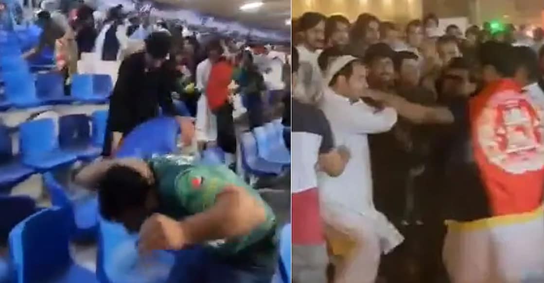 pak-afghan-fans ഗാലറിയിലും സ്റ്റേഡിയത്തിനു പുറത്തും തമ്മിലടിക്കുന്ന പാക്ക്–അഫ്ഗാൻ ആരാധകർ (ട്വിറ്റർ ചിത്രം)