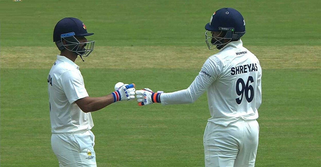 ajinkya-rahane-shreyas-iyer അജിൻക്യ രഹാനെയും ശ്രേയസ് അയ്യരും ബാറ്റിങ്ങിനിടെ (എക്സിൽ നിന്നുള്ള ദൃശ്യം)