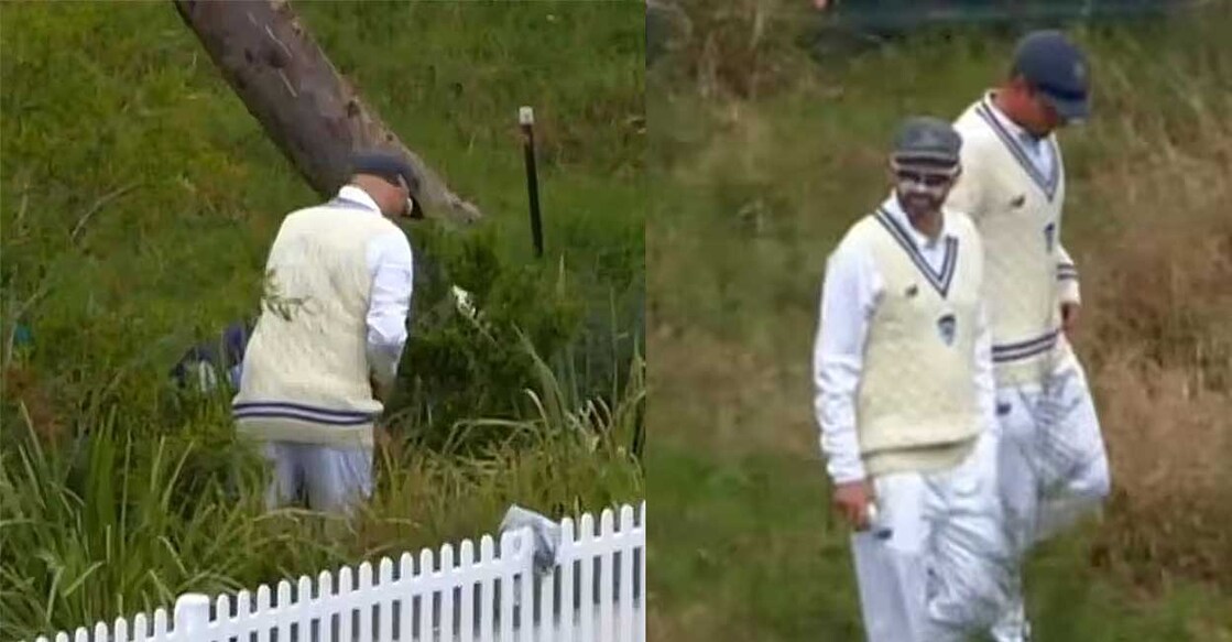 nathan-lyon-searching-ball സിക്സടിച്ചപ്പോൾ കാണാതെ പോയ പന്തിനായി ഗ്രൗണ്ടിനു പുറത്ത് തിരയുന്ന നേഥൻ ലയണും സംഘവും (വിഡിയോയിൽ നിന്ന്)