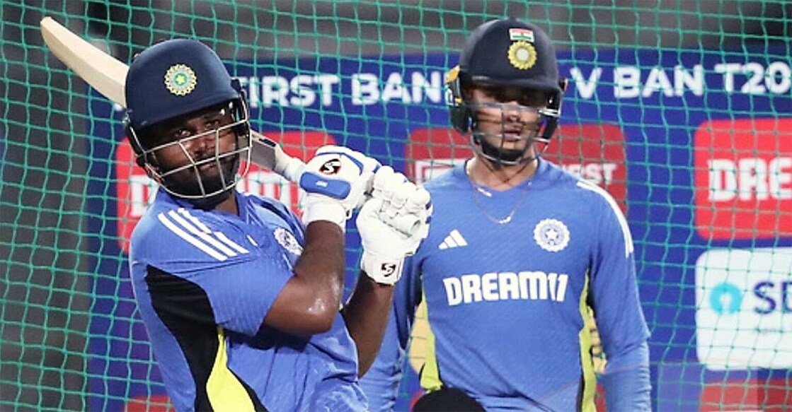 sanju-samson-abhishek-sharma സഞ്ജു സാംസണും അഭിഷേക് ശർമയും പരിശീലനത്തിനിടെ (ബിസിസിഐ പങ്കുവച്ച ചിത്രം)