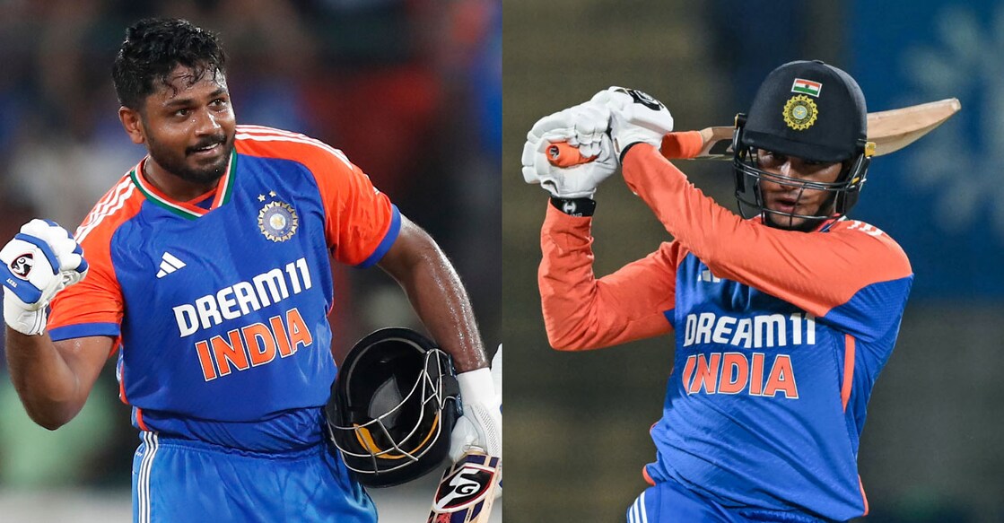 സഞ്ജു സാംസൺ, Photo: x@bcci, അഭിഷേക് ശർമ. Photo: MoneySharma/AFP