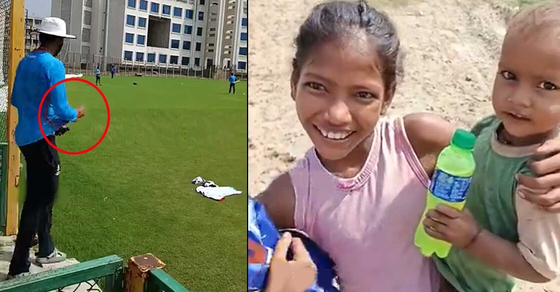 കുപ്പിവെള്ളം ജഴ്സിക്കുള്ളിൽ ഒളിപ്പിക്കുന്ന ശ്രേയസ് അയ്യർ, അയ്യർ നൽകിയ കുപ്പിയുമായി കുട്ടികൾ (വിഡിയോയിൽനിന്ന്)