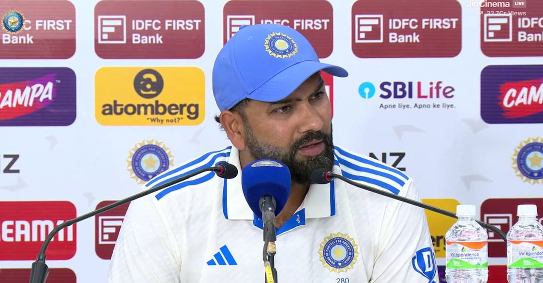 rohit-sharma രോഹിത് ശർമ വാർത്താ സമ്മേളനത്തിനിടെ. Photo: X@Johns