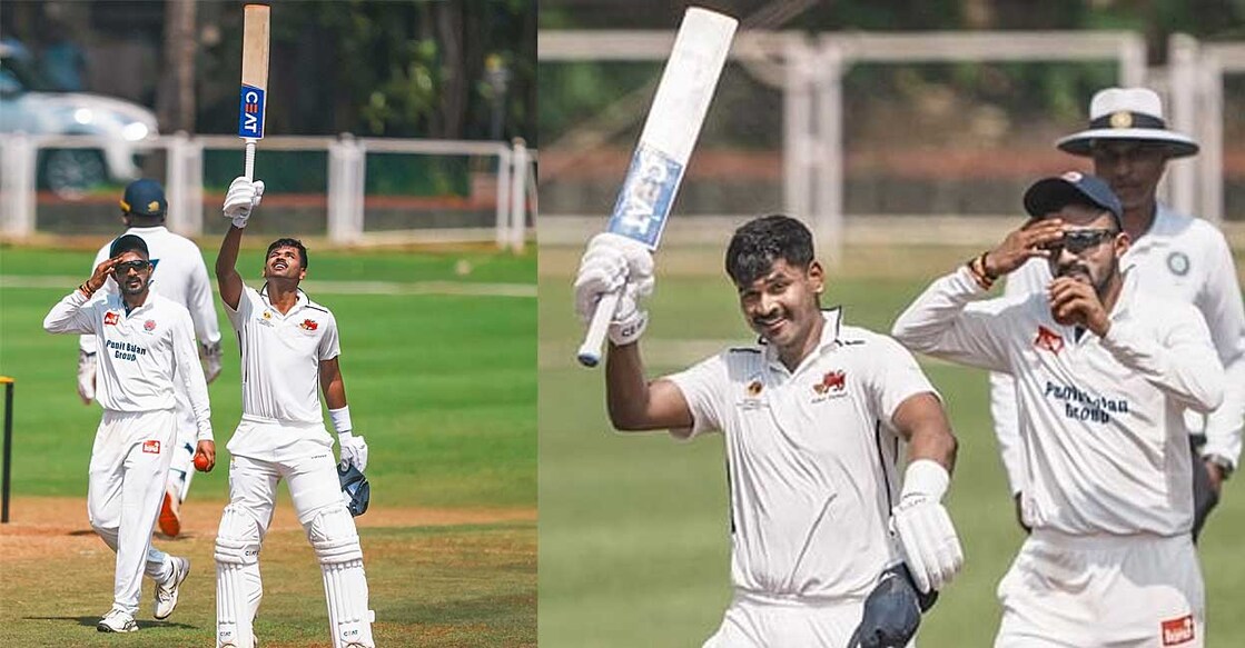 shreyas-iyer-double-century ഇരട്ടസെഞ്ചറി നേടിയ ശ്രേയസ് അയ്യരുടെ ആഹ്ലാദം (ബിസിസിഐ പങ്കുവച്ച ചിത്രം)