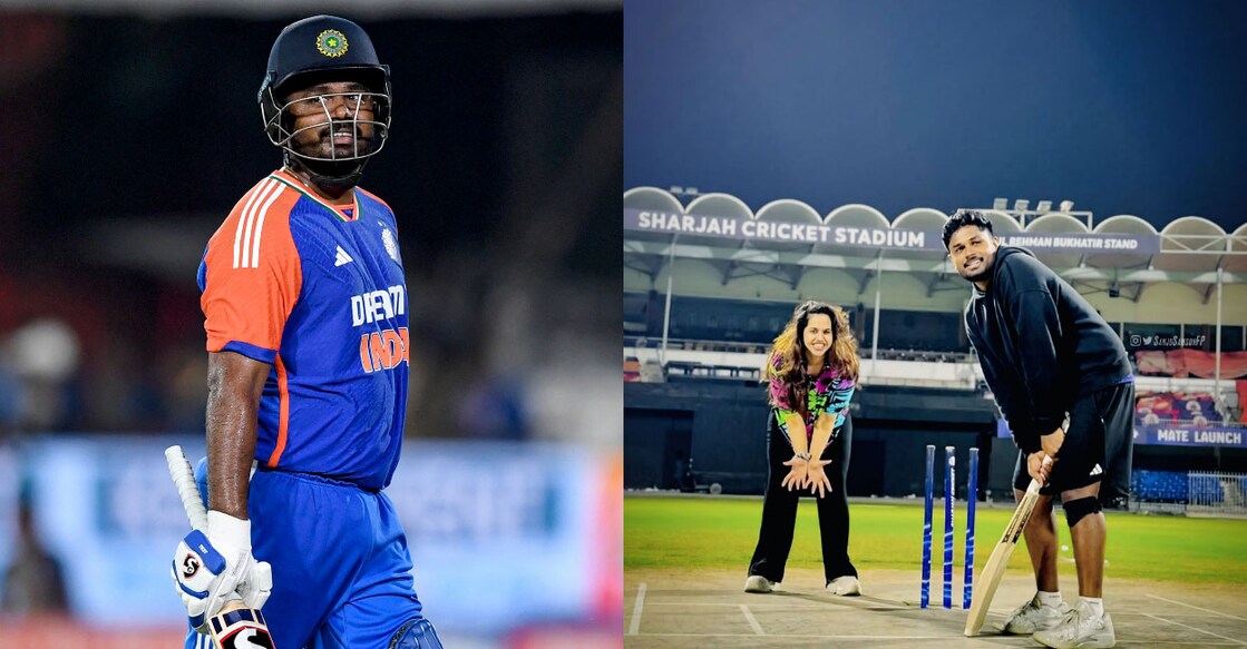 sanju-samson സഞ്ജു സാംസൺ. Photo: NoahSEELAM/AFP, സഞ്ജുവും ഭാര്യ ചാരുലതയും ഷാർജ ക്രിക്കറ്റ് സ്റ്റേഡിയത്തിൽ.