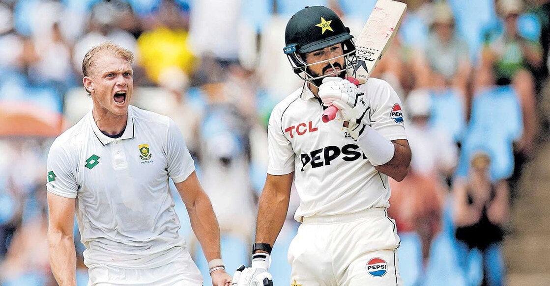 TOPSHOT-CRICKET-RSA-PAK പാക്കിസ്ഥാൻ ബാറ്റർ ആമിർ ജമാലിനെ പുറത്താക്കിയ ദക്ഷിണാഫ്രിക്കൻ പേസർ കോർബിൻ ബോഷിന്റെ ആഹ്ലാദം