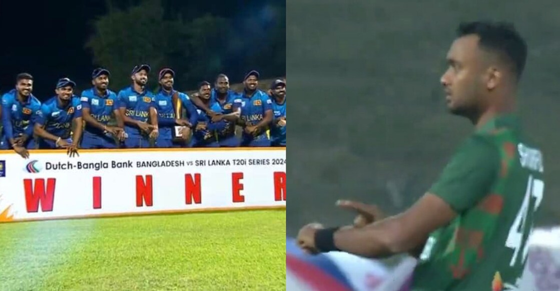 srilanka-bangladesh ശ്രീലങ്കൻ താരങ്ങൾ ട്രോഫിയുമായി, ബംഗ്ലദേശ് താരം ഷൊരീഫുൾ ഇസ്ലാമിന്റെ ആഘോഷ പ്രകടനം. Photo: X@CricketMan2