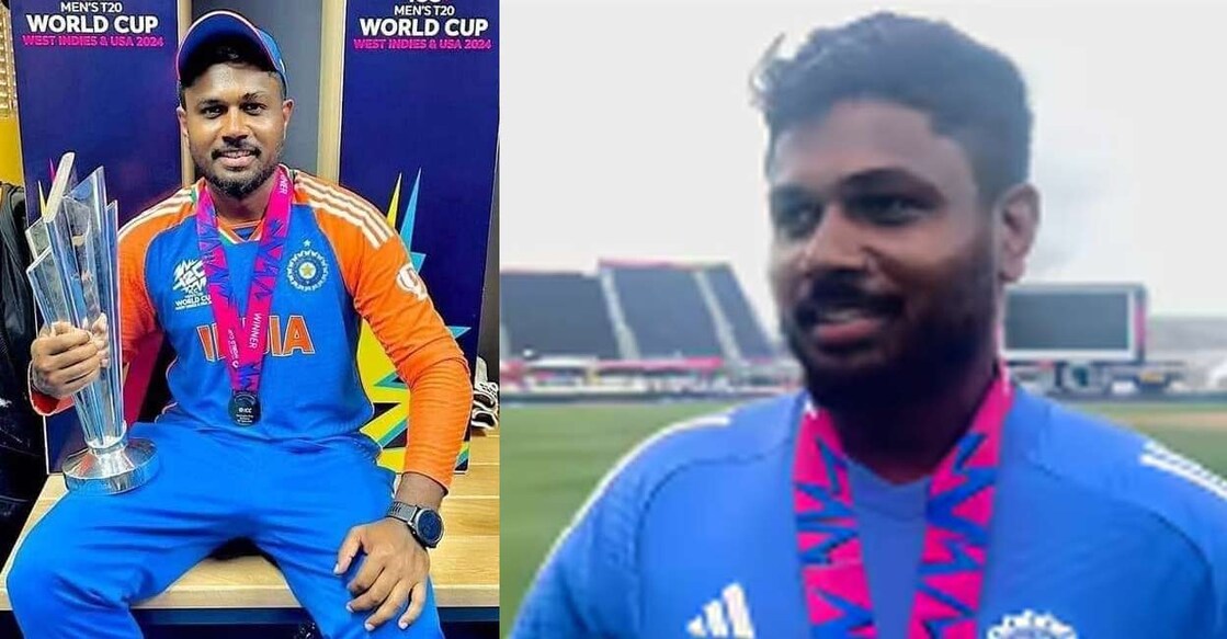 സഞ്ജു സാംസൺ ട്വന്റി20 ലോകകപ്പുമായി (ഇടത്), സഞ്ജു സാംസൺ, സിബി ഗോപാലകൃഷ്ണനുമായുള്ള സംഭാഷണത്തിനിടെ (വലത്)