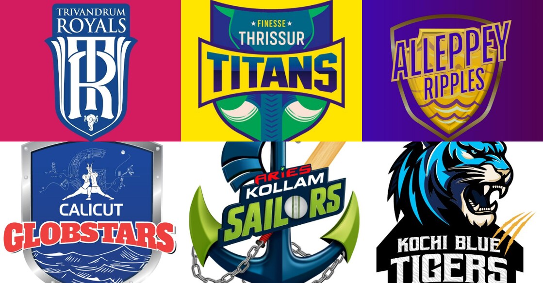 kerala-cricket-league കെസിഎല്ലിൽ പങ്കെടുക്കുന്ന വിവിധ ടീമുകളുടെ ലോഗോകൾ.