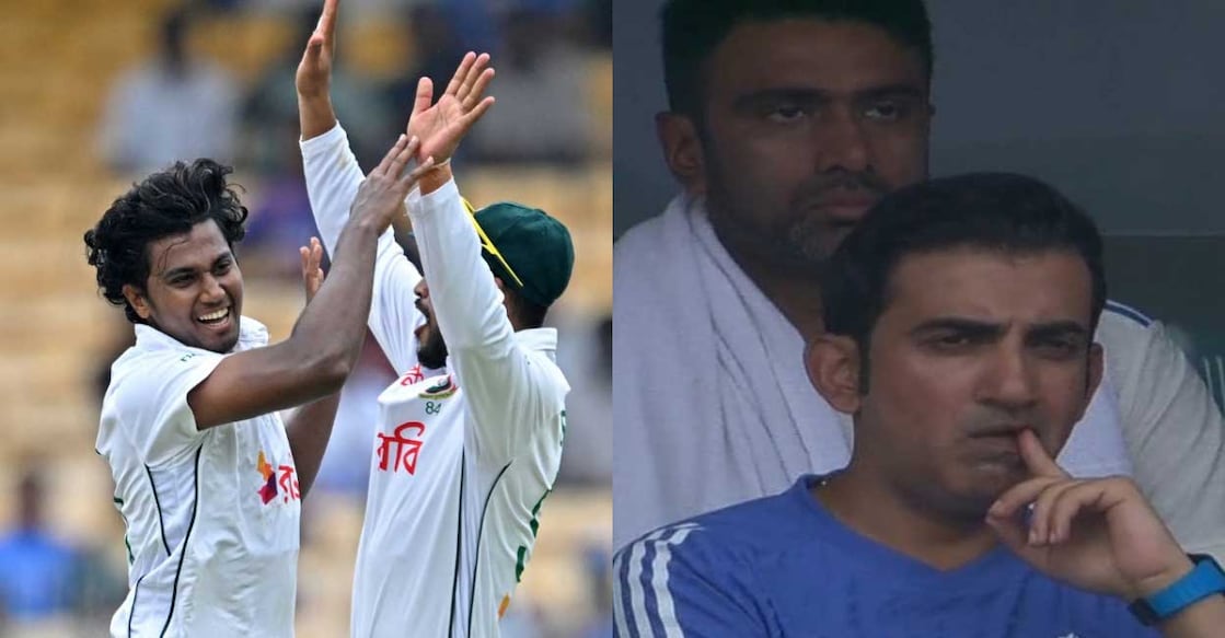 വിക്കറ്റ് നേട്ടം ആഘോഷിക്കുന്ന ഹസൻ മഹ്മൂദ്. Photo: X@ICC, ഇന്ത്യന്‍ പരിശീലകൻ ഗൗതം ഗംഭീർ മത്സരത്തിനിടെ. Photo: X@Johns