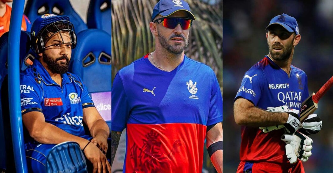 rohit-maxwell-faf രോഹിത് ശർമ, ഫാഫ് ഡുപ്ലേസി, ഗ്ലെൻ മാക്സ്വെൽ. Photo: X@MI/RCB