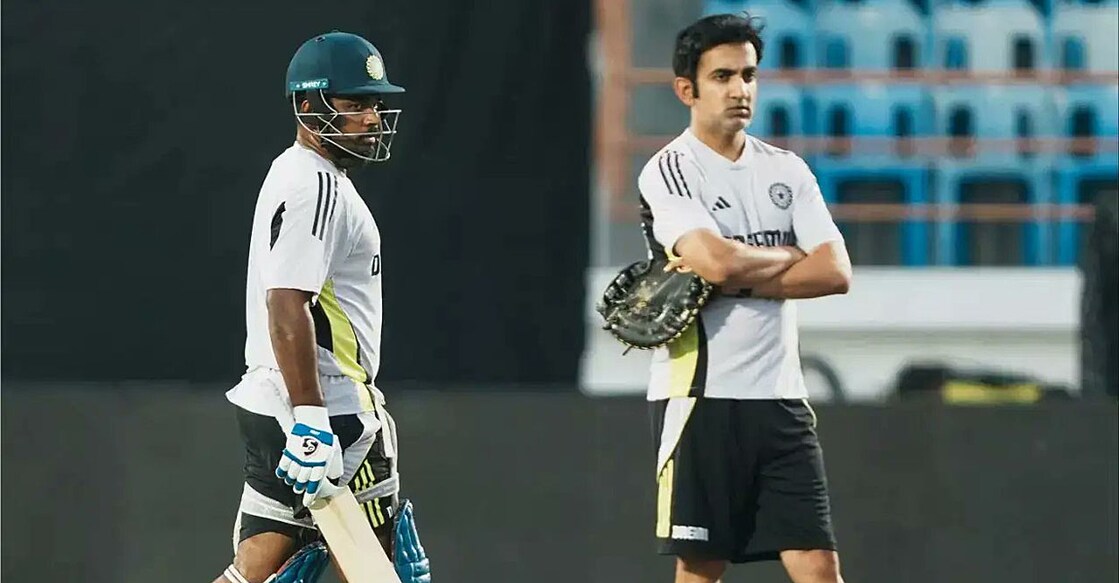 സഞ്ജു സാംസൺ പരിശീലനത്തിനിടെ. മുഖ്യ പരിശീലകൻ ഗൗതം ഗംഭീർ സമീപം (പിടിഐ ചിത്രം)