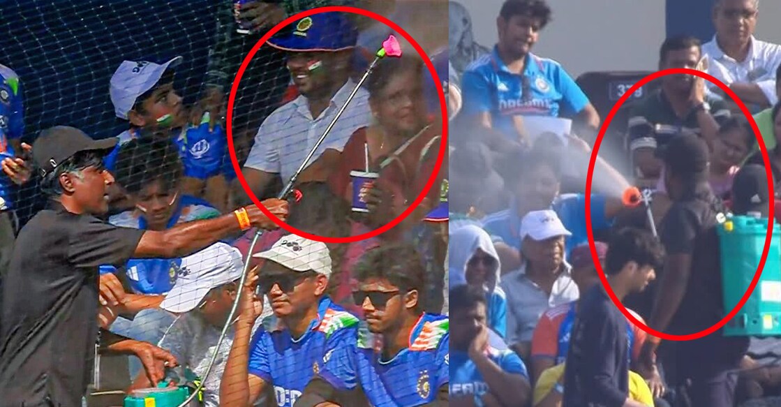 കട്ടക്ക് സ്റ്റേഡിയത്തിൽ കൊടും ചൂടത്ത് ഇരിക്കുന്ന ആരാധകരെ തണുപ്പിക്കാൻ വെള്ളം സ്പ്രേ ചെയ്യുന്ന സ്റ്റാഫ് (വിഡിയോ ദൃശ്യം)