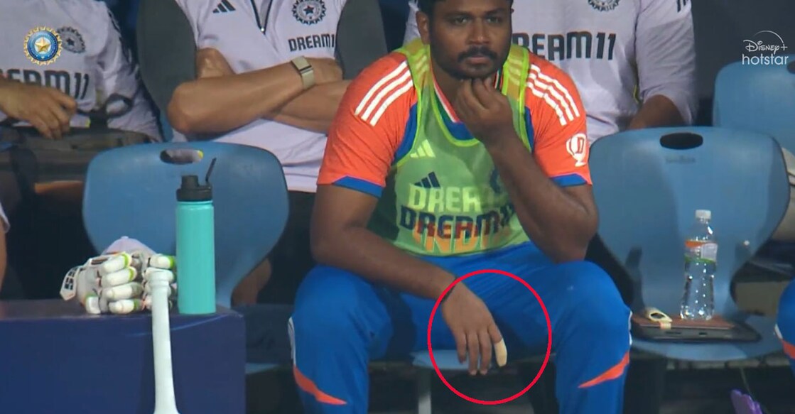 sanju-injury പരുക്കേറ്റ സഞ്ജു സാംസൺ ഡഗ്ഔട്ടിൽ. Photo: X@Hotstar