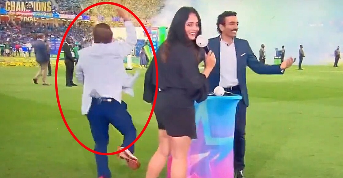 sunil-gavaskar-dance ദുബായ് രാജ്യാന്തര ക്രിക്കറ്റ് സ്റ്റേഡിയത്തിൽ ഇന്ത്യൻ താരങ്ങൾ കിരീടം ഏറ്റുവാങ്ങുമ്പോൾ സുനിൽ ഗാവസ്കറിന്റെ ആഹ്ലാദനൃത്തം. അവതാരകയായ മായന്തി ലാംഗർ, മുൻ ഇന്ത്യൻ താരം റോബിൻ ഉത്തപ്പ എന്നിവർ സമീപം (വിഡിയോ ദൃശ്യം)
