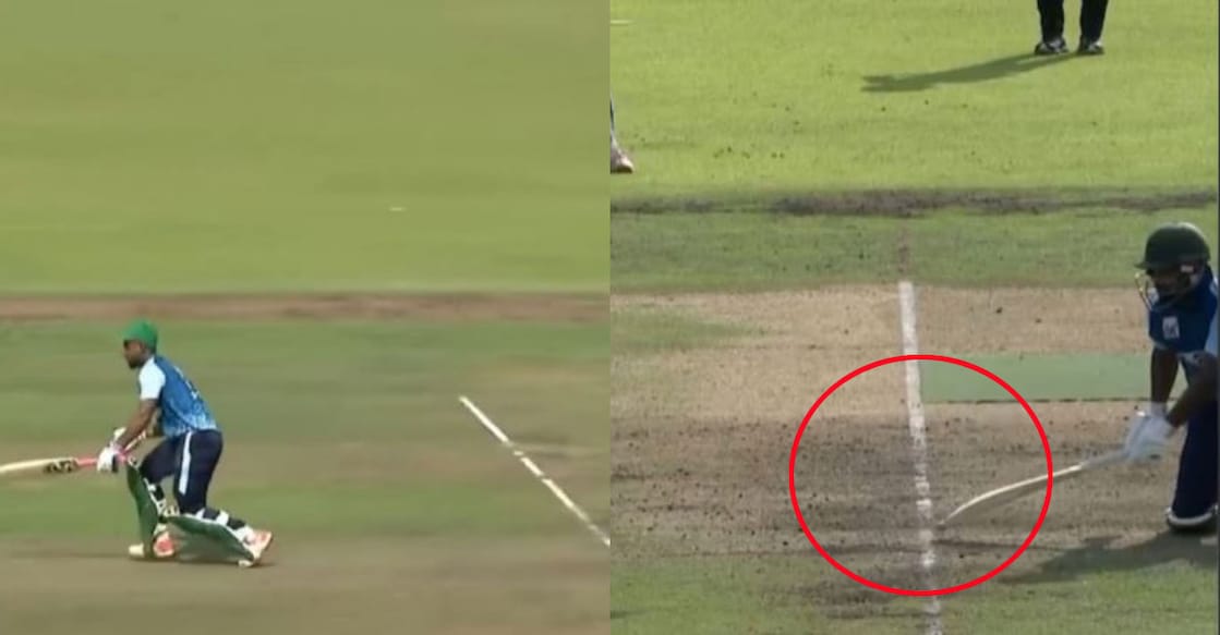 bangladesh-batter പന്തു നേരിടാനായി ക്രീസ് വിട്ടുപോകുന്ന ബംഗ്ലദേശ് ബാറ്റർ, ക്രീസിൽ ബാറ്റ് കുത്താൻ മടിക്കുന്ന ബാറ്റർ.