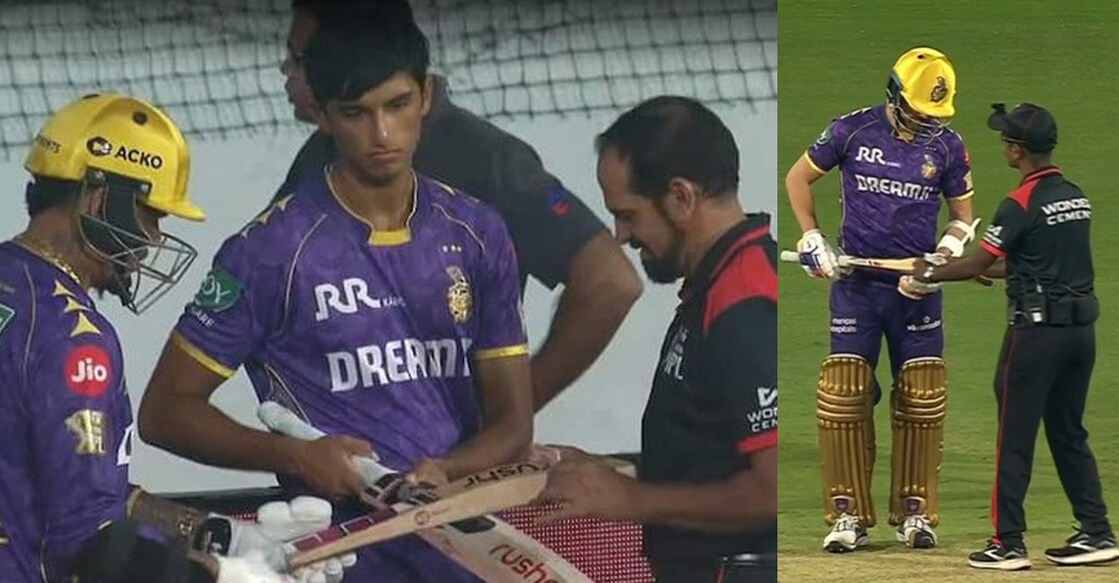 സുനിൽ നരെയ്ൻ, ആൻറിച് നോർട്യ എന്നിവരുടെ ബാറ്റു പരിശോധിക്കുന്ന അംപയർമാർ (എക്സിൽ പ്രചരിക്കുന്ന ദൃശ്യങ്ങൾ)