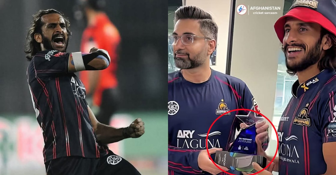 hasan-ali ഹസന് അലി മത്സരത്തിനിടെ, ട്രോഫിക്കൊപ്പം ട്രിമ്മറും സമ്മാനമായി സ്വീകരിക്കുന്ന ഹസൻ അലി. Photo: Karachi Kings
