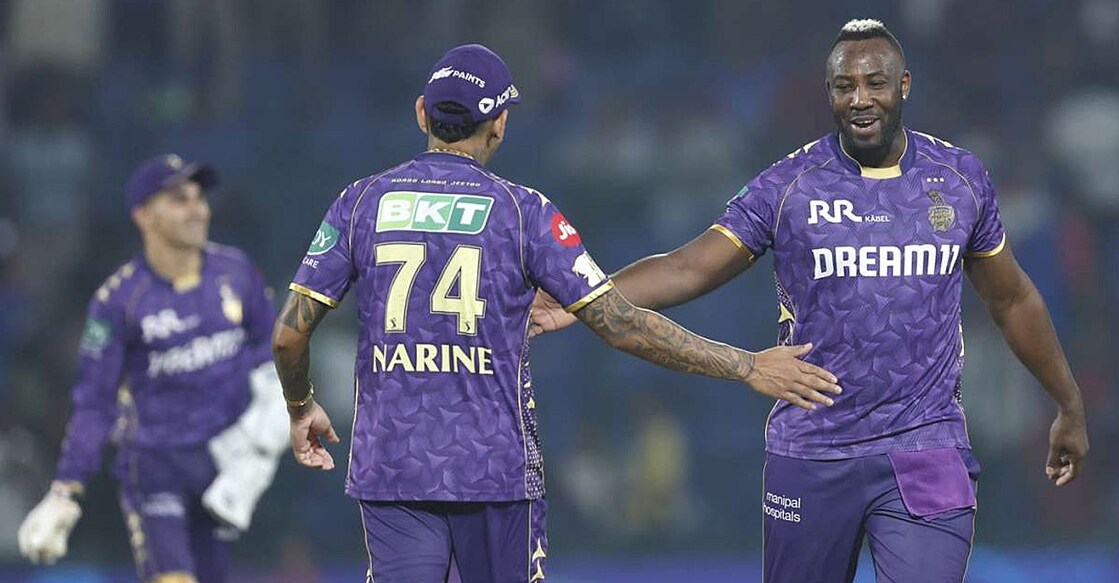 സുനിൽ നരെയ്‌നും ആന്ദ്രെ റസലും മത്സരത്തിനിടെ (കൊൽക്കത്ത പങ്കുവച്ച ചിത്രം)