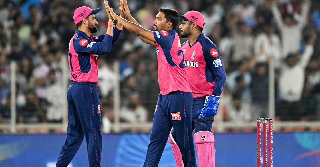 CRICKET-IND-IPL-T20-GUJARAT-RAJASTHAN വിക്കറ്റ് നേട്ടം ആഘോഷിക്കുന്ന സന്ദീപ് ശർമ. Photo: PUNIT PARANJPE/AFP