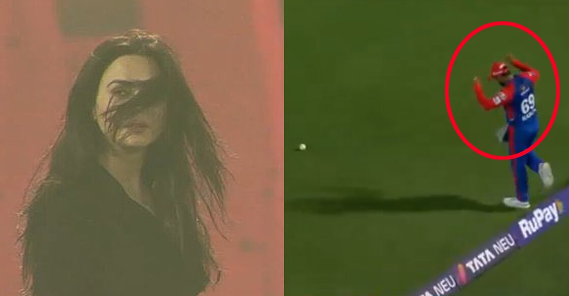 പ്രീതി സിന്റ, താൻ ഫീൽഡ് ചെയ്ത പന്ത് സിക്സാണെന്ന് ആംഗ്യം കാട്ടുന്ന കരുൺ നായർ (എക്സിൽ നിന്നുള്ള ചിത്രങ്ങൾ)