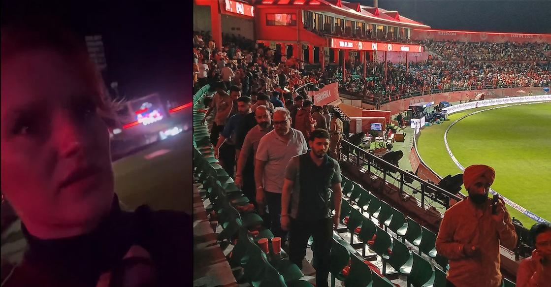 cheer-leader-stadium-evacuation വിഡിയോ പങ്കുവച്ച യുവതി, ധരംശാലയിലെ സ്റ്റേഡിയത്തിൽനിന്ന് ആളുകളെ ഒഴിപ്പിക്കുന്നു (Photo by Shammi MEHRA / AFP)